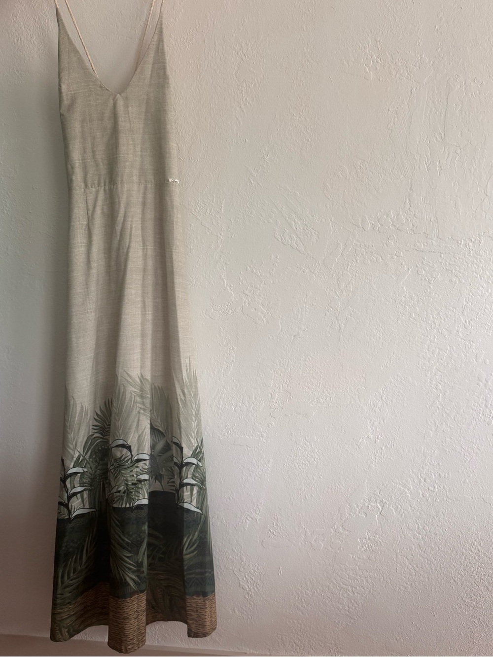 Beige Maxi Dress with Green Botanical Hem